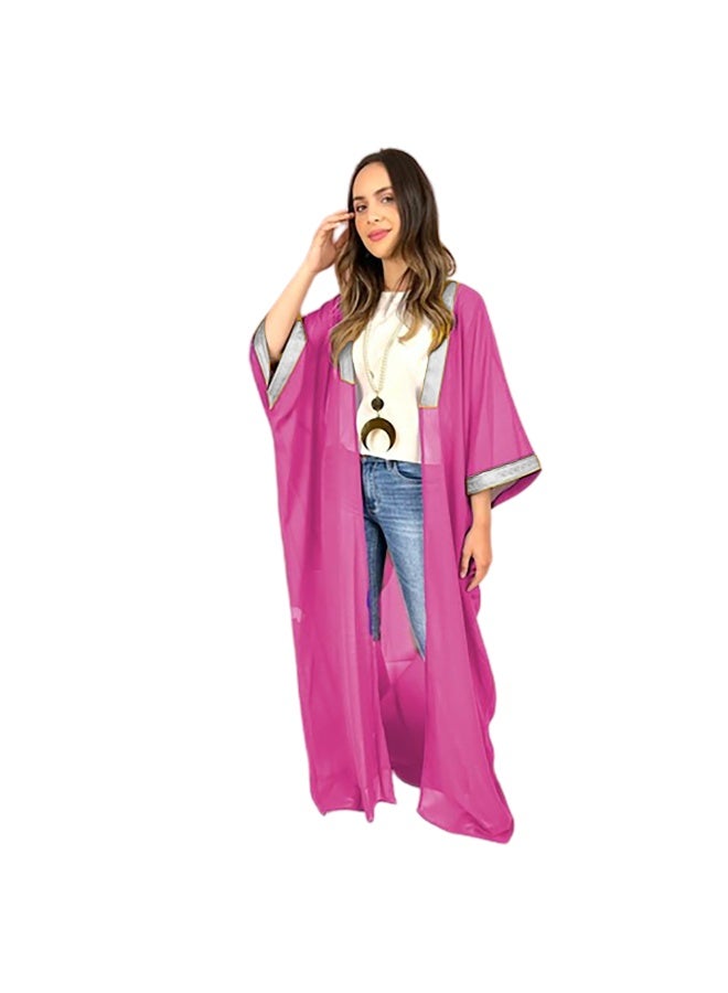 SunSet Kaftan Abaya Silver Embroidered Chiffon Sunset pink - Image 2